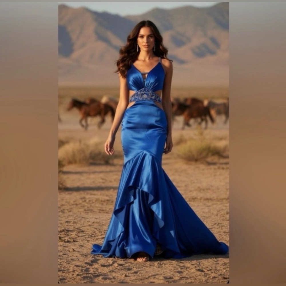 Royal Blue Satin Formal Gown Trumpet Silhouette Prom Pageant Dress Sz‎ XS New #3